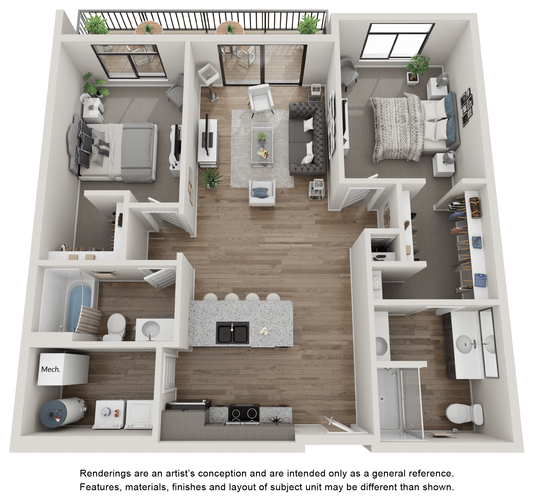 Floor plan for 2 beds, 2 baths, 1139 sqft